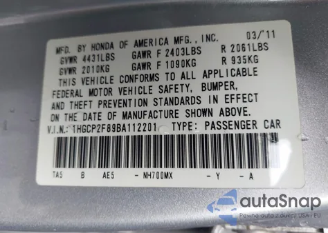 2011 Honda Accord 2.4 Ex-L z USA, uszkodzony, nr VIN 1HGCP2F89BA112201